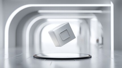 3D-rendered abstract illustration featuring a geometric object in a high-tech environment.