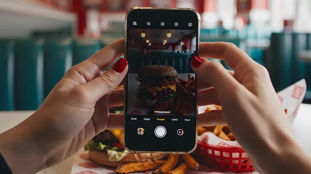 Person taking photo of juicy double cheeseburger and french fries in retro diner with smartphone