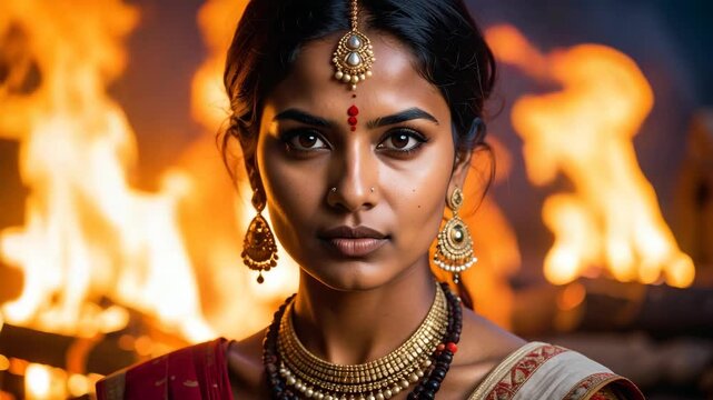 Serene Indian woman with ornate jewelry and vibrant fire backdrop.