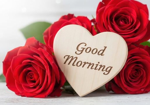 Romantic Morning Greeting with Red Roses and Wooden Heart 'Good Morning' Sign