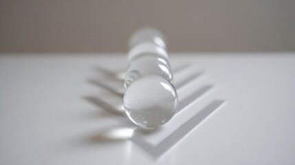 Clear glass spheres are aligned on a white surface marked with subtle, angled checkmarks or "V" shapes.