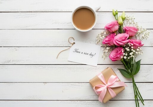 Sweet 'Have a Nice Day' Greeting with Coffee, Flowers, and Gift Box