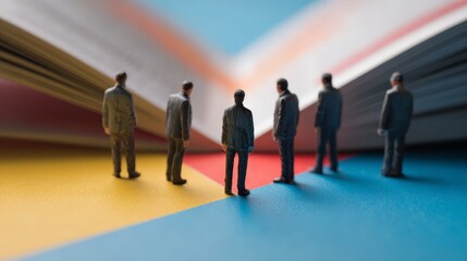 A miniature human figures standing on a colorful surface, facing a large, open book.