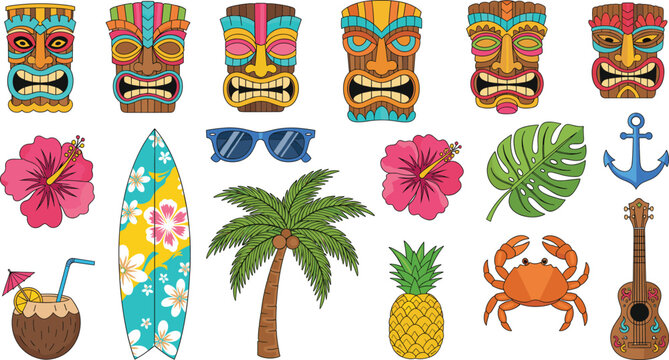 Tropical Summer Vector Illustration Set with Tiki Masks Surfboard Palm Tree Pineapple Crab Ukulele and Beach Island Elements for Vacation Designs