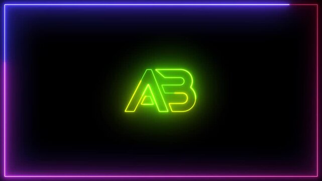 Neon AB letters logo animation with green glow and a flickering RGB border frame. Vibrant 80s synthwave and gaming aesthetic