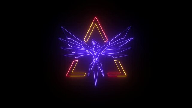 Majestic neon phoenix logo animation with purple and gold triangular frame. Powerful bird symbol for esports and creative brands