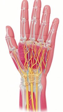 Human hand anatomy 3D illustration showing complex nervous system, tendons, and bone structure of the palm and wrist, medical visualization for orthopedic surgery and healthcare, vertical.