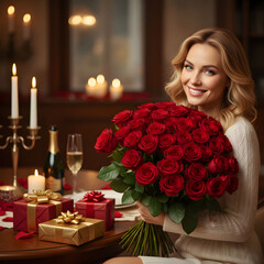 Smiling woman holding red roses bouquet blurred giftboxes on table valentines