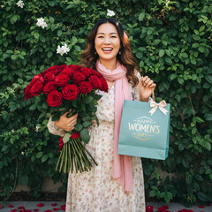 Happy asian woman holding bouquet of red roses