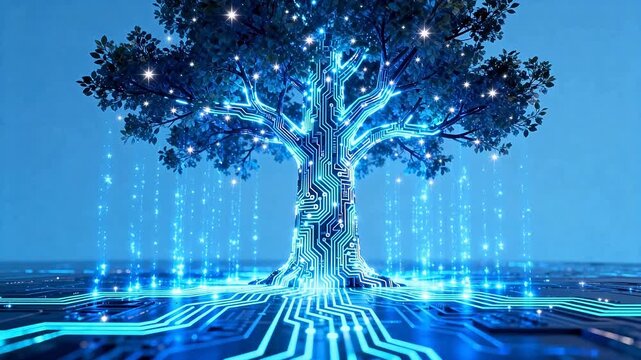 Tree with glowing circuit patterns