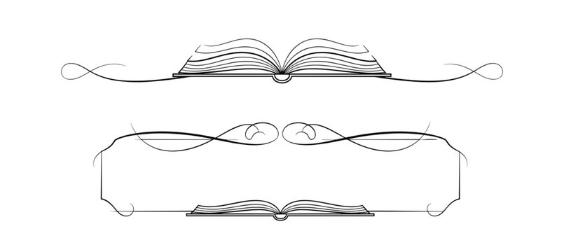 Open book illustration with decorative lines and blank space for text