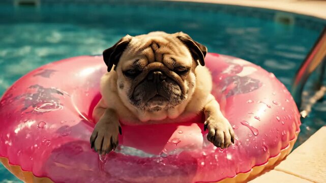 Cute pug dog relaxing on inflatable ring in swimming pool on sunny day