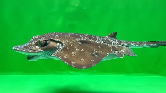 A brown ray-like fish with white spots gracefully swimming in vibrant green water, showcasing its unique aquatic form.