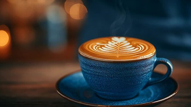 Coffee pouring into blue cup.
