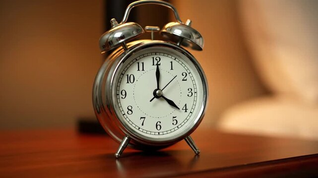 A close-up of a retro silver alarm clock with bells on a wooden nightstand. Time is 4 o'clock.