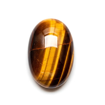 Polished oval tiger's eye gemstone displaying a unique golden-brown chatoyancy on a clean white backdrop