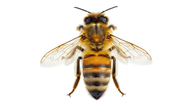 Detailed honey bee isolated PNG, close-up of a striped insect on transparent background for beekeeping and nature studies