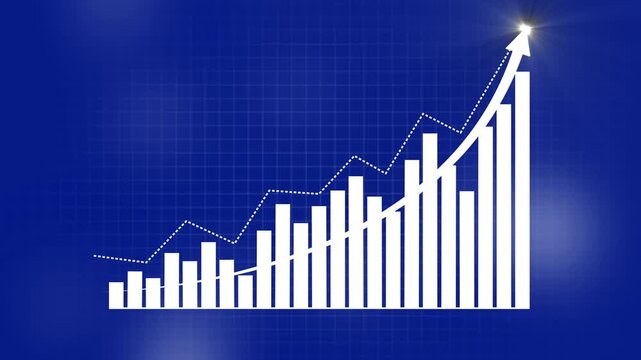 Business data analysis graph with bar chart and line graph on blue background with grid pattern finance
