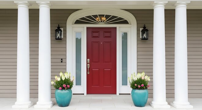 Inviting red front door framed by classic white columns and sidelights, adorned with colorful flowers. Perfect for home design and real estate inspiration.