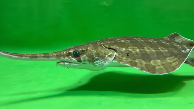 A close-up shot of a sawfish swimming in an aquarium with a vibrant green background.