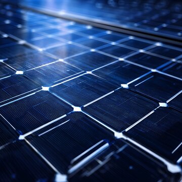 Close up of solar panel photovoltaic cells with blue polycrystalline texture reflecting light