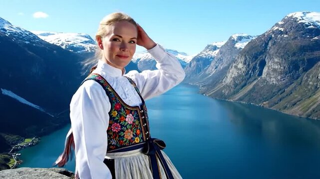 Woman in traditional Norwegian bunad overlooking Geirangerfjord, a stunning UNESCO World Heritage site.