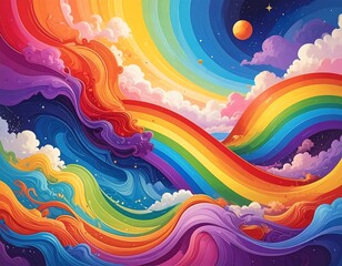 Vivid fantasy landscape featuring swirling rainbows and dreamy clouds