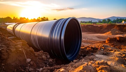 Large black pipe construction site during sunset with warm natural light