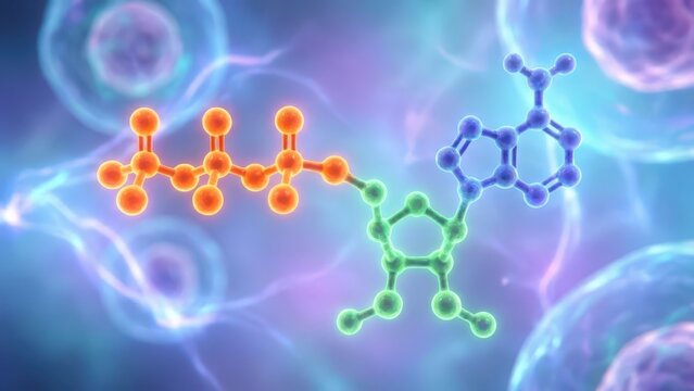 Vibrant stylized rendering of an ATP molecule showcasing energy transfer in a scientific context