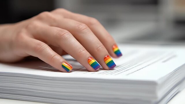 Hand with Rainbow Manicure on Stack of Documents Pride Celebration LGBT Rights Awareness