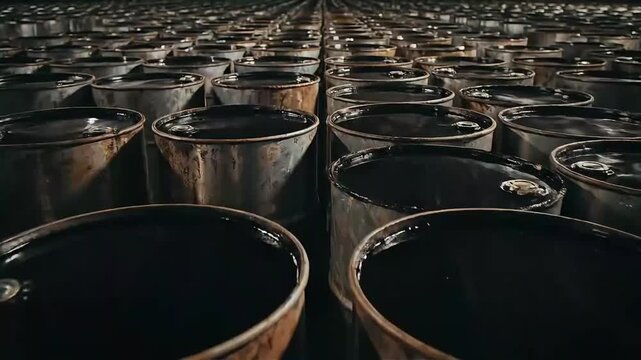 Endless Rows of Industrial Oil Barrels Filled With Dark Liquid in a Warehouse, Energy and Fuel Storage Concept, 4K Cinematic Footage
