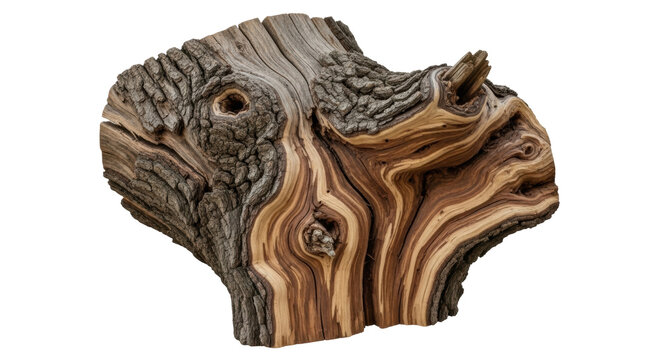 Unique piece of driftwood isolated PNG, weathered wood with interesting grain patterns on transparent background, natural art element
