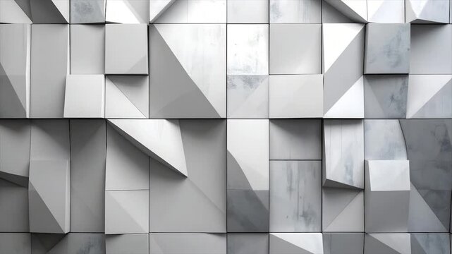 A textured, geometric wall composed of white and grey blocks, some with triangular facets