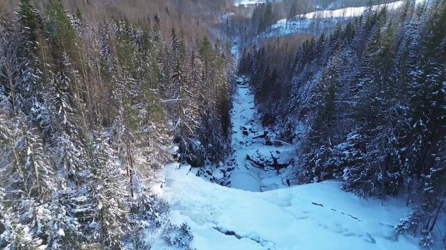 Aerial Winter View Over Forest Valley Near Lier and Solbergfossen, Norway