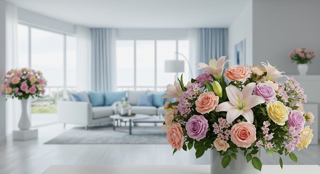 広がる窓から降り注ぐ柔らかな自然光が輝くモダンリビングで鮮やかな色彩の花々が優雅に咲き誇る豪華なブーケが空間に生命を吹き込む. AI Generated