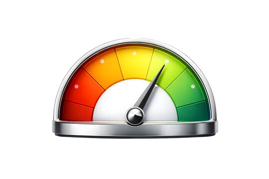 3D speedometer gauge with red yellow green zones needle isolated on transparent background