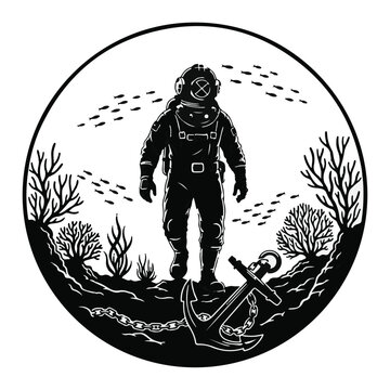 Deep Sea Diver Silhouette Walking on Ocean Floor with Anchor in Circle Frame