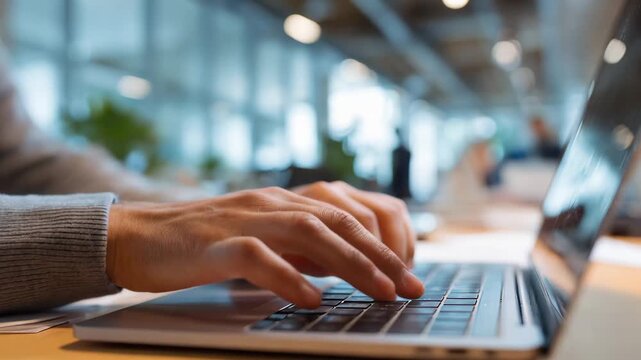 Person types on a laptop in a busy office during daytime hours while others work in the background