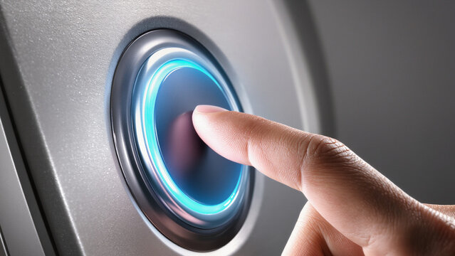 hand and blue button 