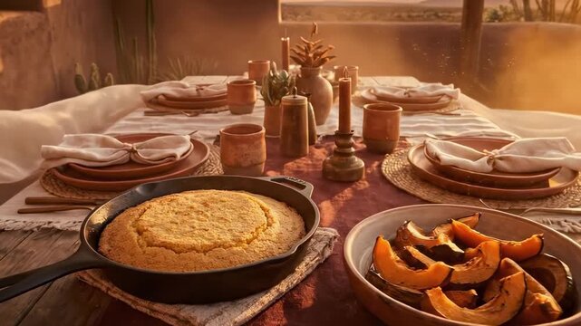 thanksgiving dining table. A rustic outdoor dining setup features a wooden table elegantly adorned with handcrafted pottery, delicious food, and a stunning desert sunset backdrop