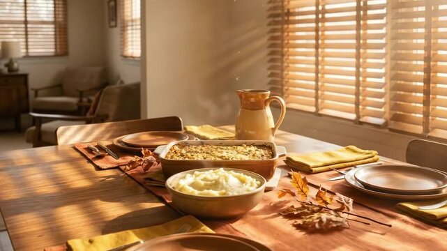 thanksgiving dining table. A cozy dining room set for a meal, featuring a wooden table adorned with mashed potatoes, a casserole, and warm autumn hues streaming through blinds
