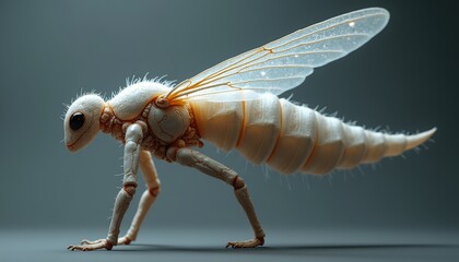 Unusual White Insectoid Creature With Translucent Wings And Segmented Body Posed On A Dark Grey Studio Background