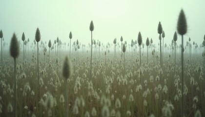 Misty Field of Tall Grass and White Flowers in Soft Morning Light Serene Natural Landscape with Atmospheric Fog and Out
