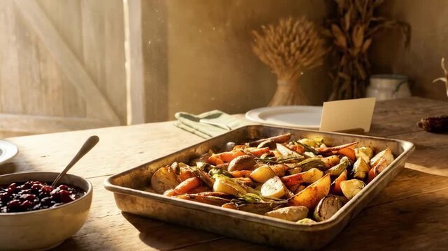 thanksgiving dining table. A rustic table setting in a sunlit room features a tray of roasted vegetables alongside a bowl of beans, evoking a warm, homely dining experience