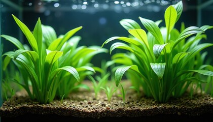 Lush Green Aquatic Plants Thrive Underwater in a Well-Lit Aquarium with Sandy Substrate and Bubbles Rising
