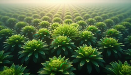 Vast rows of lush green plants under soft morning sunlight creating a tranquil agricultural landscape with a bright