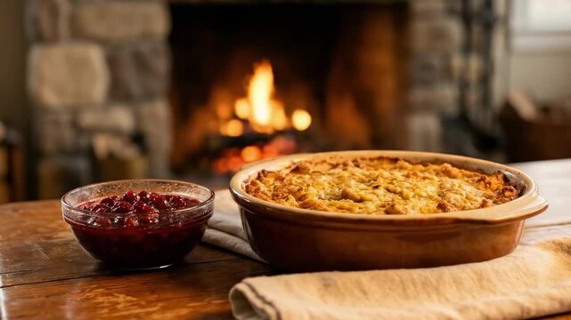 thanksgiving dining table. A cozy setting featuring a baked dish beside a bowl of cranberry sauce, glowing warmth from a fireplace in the background, creating an inviting atmosphere