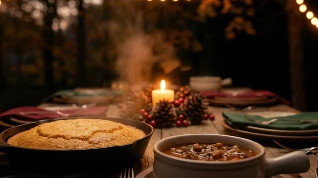 thanksgiving dining table. A cozy outdoor dining setup with a steaming dish, cornbread, a flickering candle, and holiday decorations, set amidst an autumn forest backdrop