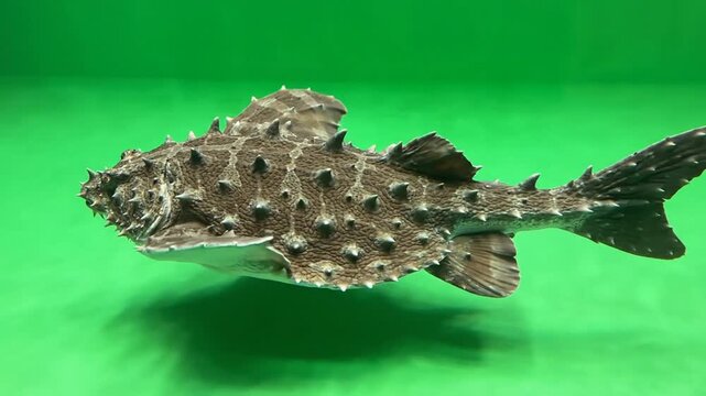 A close-up view of a spiky, brown bottom-dwelling fish with rough skin against a vibrant green background, showcasing its unique texture.
