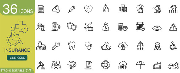 Set of insurance line icons for web design including protection symbol, finance, healthcare vector. Clean professional outline collection covers accident, life, home, medical coverage concepts